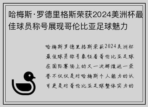 哈梅斯·罗德里格斯荣获2024美洲杯最佳球员称号展现哥伦比亚足球魅力