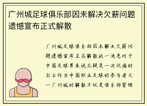 广州城足球俱乐部因未解决欠薪问题遗憾宣布正式解散