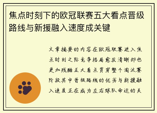焦点时刻下的欧冠联赛五大看点晋级路线与新援融入速度成关键