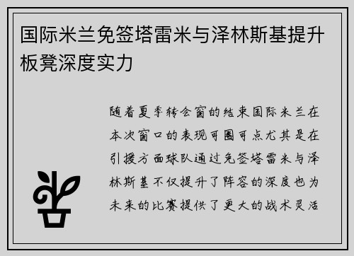 国际米兰免签塔雷米与泽林斯基提升板凳深度实力