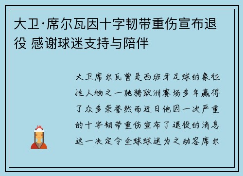 大卫·席尔瓦因十字韧带重伤宣布退役 感谢球迷支持与陪伴